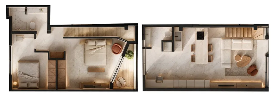Rendered plans of the two levels of apartment I2