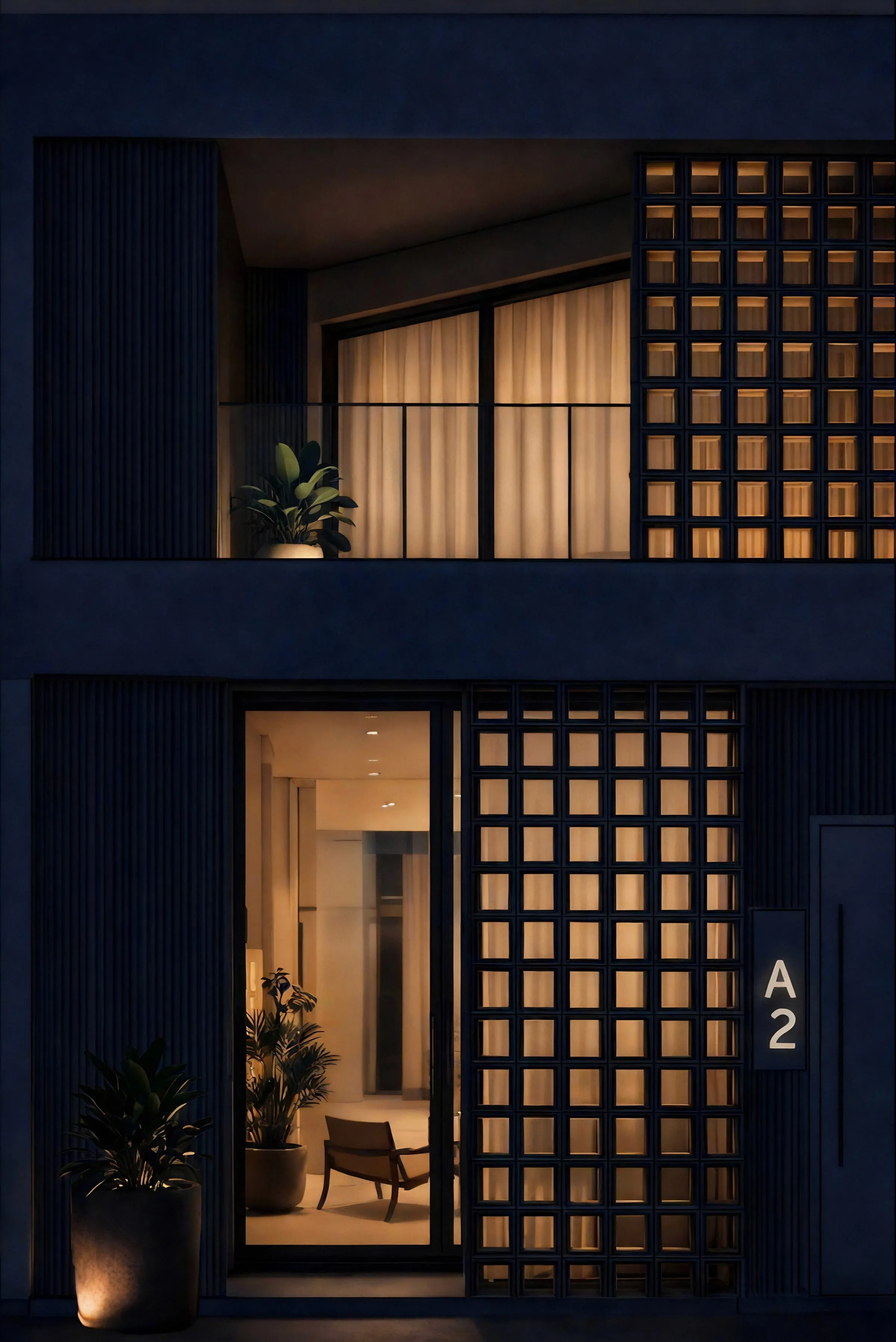 Entrance of the building at night with a lit lobby