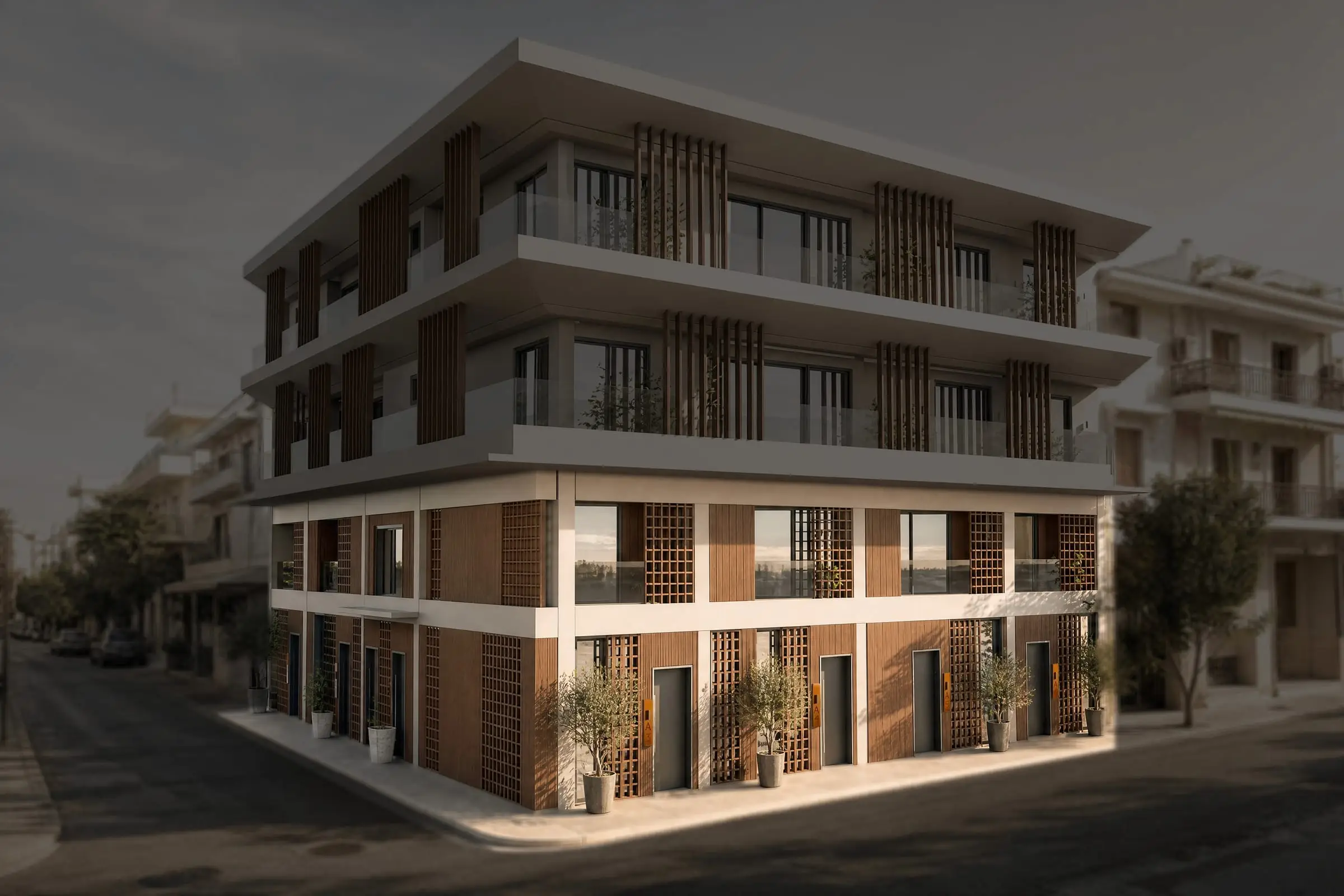 The building with the ground floor lit