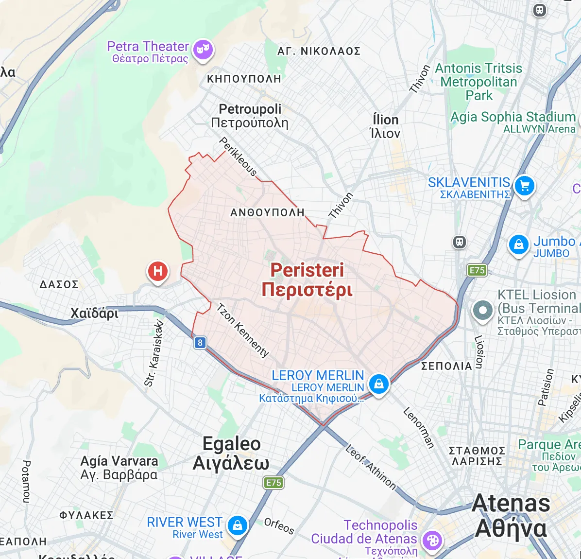 Map of the Peristeri area west of central Athens