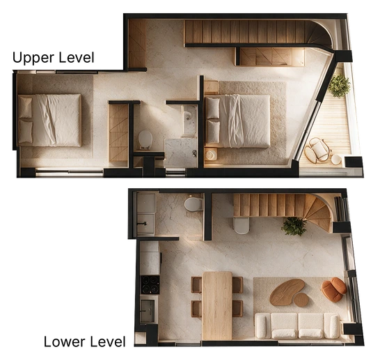 Floor plans of apartment I3: the upper level with two bedrooms, a bathroom and a balcony, and the lower level with the kitchen, dining table and living area.