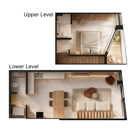 Floor plans of apartment I4: the upper level with a bedroom, a bathroom and a balcony, and the lower level with the kitchen, dining table and living area.