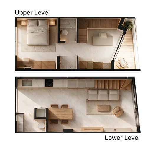 Floor plans of apartment I5: the upper level with a bedroom, a bathroom, a desk and a balcony, and the lower level with the kitchen, dining table, living area and a bathroom.