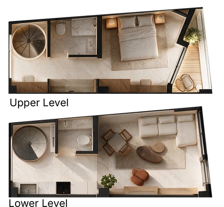 Floor plans of apartment I6: the upper level with a spiral staircase, a bathroom, a bedroom and a balcony, and the lower level with the spiral staircase, a bathroom, the living and dining area and the kitchen.